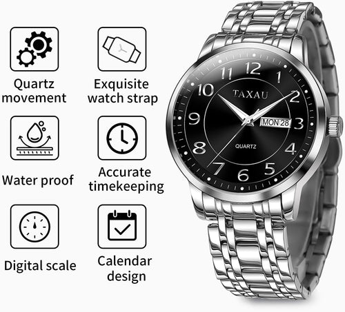Classic Mens Silver Watches, Dress Waterproof Watches for Men