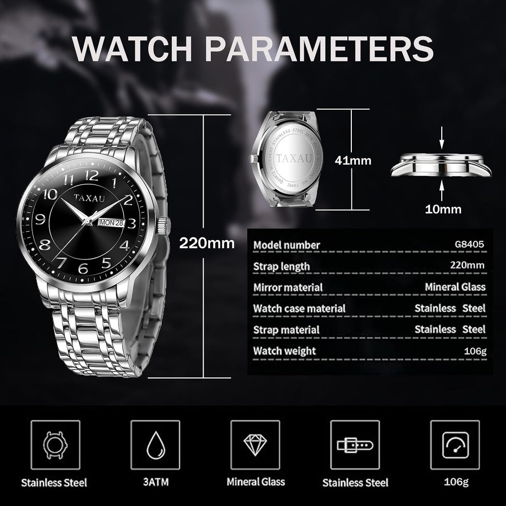 Classic Mens Silver Watches, Dress Waterproof Watches for Men