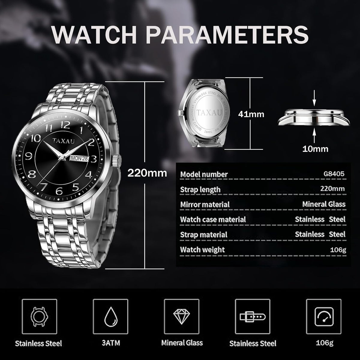 Classic Mens Silver Watches, Dress Waterproof Watches for Men