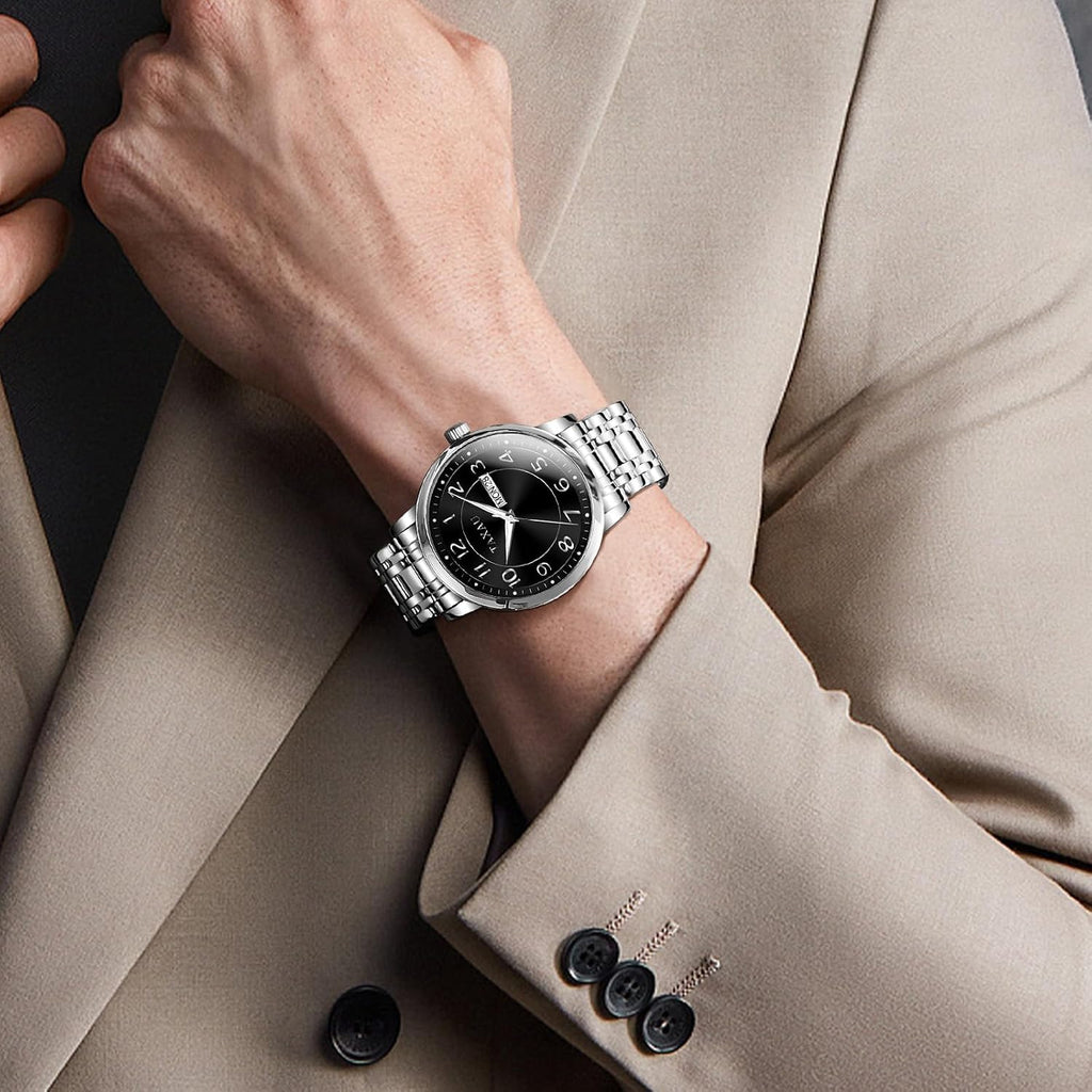Classic Mens Silver Watches, Dress Waterproof Watches for Men